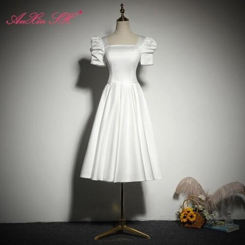 AnXin SH princess white satin evening Dress vintage sweetheart performance short puff sleeve evening dress little white dress