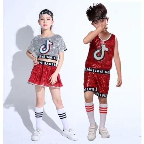 Children Jazz Dance Costumes Hip Hop Clothing Performance Stage Wear Sequin Ballroom Dance Suits for Girls Cheerleader Costume
