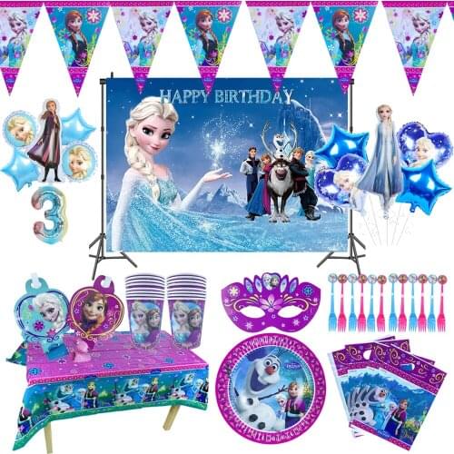 Disney Frozen Elsa Anna Princess Girl Favor Birthday Party Decorations Tableware Paper Plate Straw Banner Balloon Party Supplies