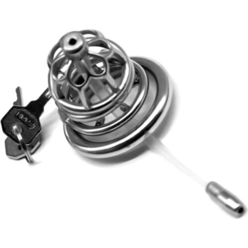 FAAK Male Penis Captivity Chastity Device Stainless Steel Chastity Cage with Arc-Shaped Cock Ring Catheters for Men G7-1-263F