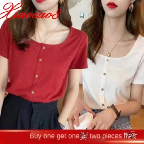 2 PCS / Lot Square Collar Short Sleeve t shirt Elegant Button Loose Summer Women Tops Plus Size Strench Woman T-shirts Red Black