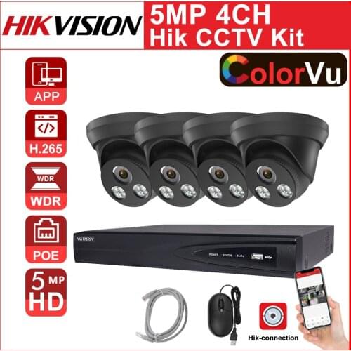 Hikvision 5MP POE CCTV Security HD IP Camera Video Surveillance Kits 4CH 4K NVR DS-7604NI-K1/4P APP Colorful Night Vision black