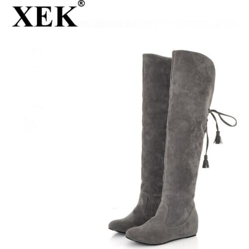 XEK Hot Quality Women Boots Faux Suede Over the Knee Flat Warm Boot Comfortable Thigh High Boot Lace-up Woman Winter Shoe WFQ111