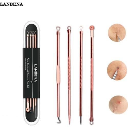 LANBENA 4pcs/set Blackhead Acne Pimple Remover Needles Stainless Steel Tool Spoon for Skin Care Pore Cleaner Tool Needles