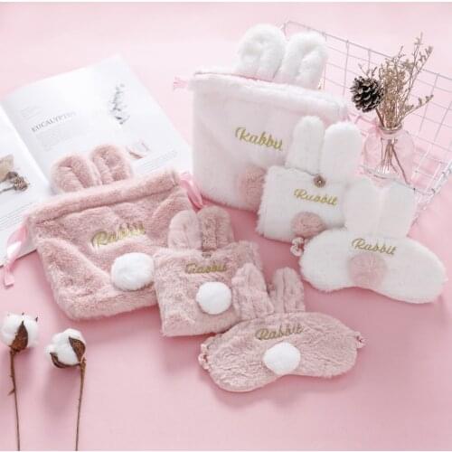 Fashion Women Girls plush Rabbit Drawstring Bag Makeup Cosmetic Bags Blindfold Kawaii Storage bag Money Holder Purse Phone Pouch