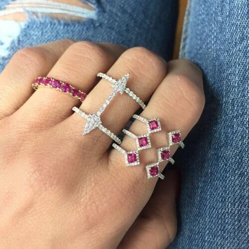 Square geometric shape green red blue cubic zirconia silver color wedding engagement ring for women