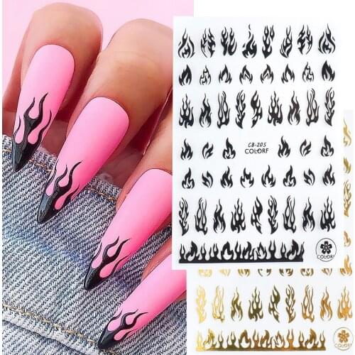 3D Flame Fire Nail Sticker Decals Holographic Black Gold Glitter Nail Art Slider Adhesive Wraps Manicure Decoration Tips TRCB205