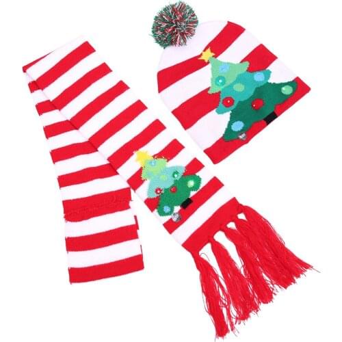 Christmas Tree Snowflake Pattern Hat Scarf Set Christmas Winter Warm LED Knitted Cap Scarf Xmas Home Decoration