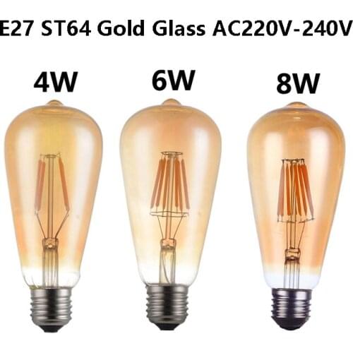 ST64 LED 2W 4W 6W 8W Gold Silver E27 LED Filament Light 220V 110V Vintage Edison Bulb Lamp Retro Gold Glass Appearance 6pcs