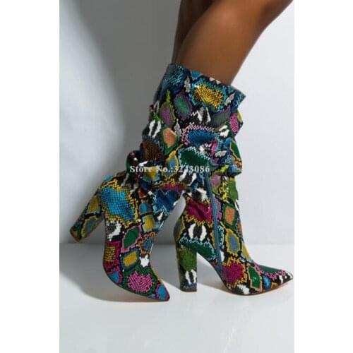 Colorful Snakeskin Printed Chunky Heel Short Boots Lady New Arrival Fashion Pointed Toe Thick Heels Mid-calf Boots Woman