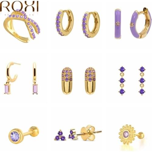 ROXI Purple Colors Crystals Hoop Earrings for Women Girl Summer Jewelry Earrings 2021 Trendy Silver 925 Geometry Huggie Earrings