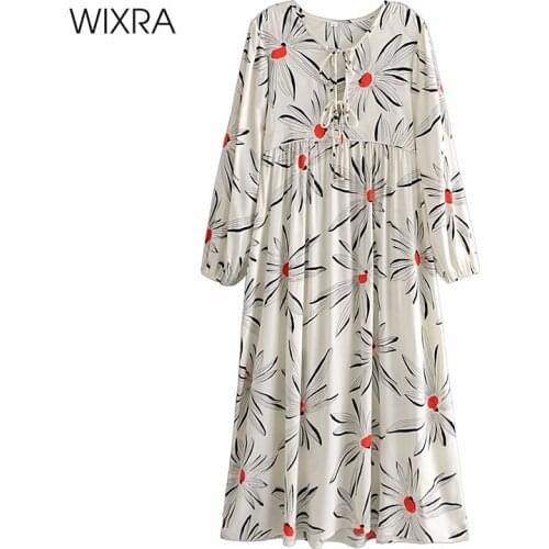 Wixra Womens Floral Print Dress Lace Up Full Sleeve Loose High Street Mid Calf Clothing 2021 Spring Summer New