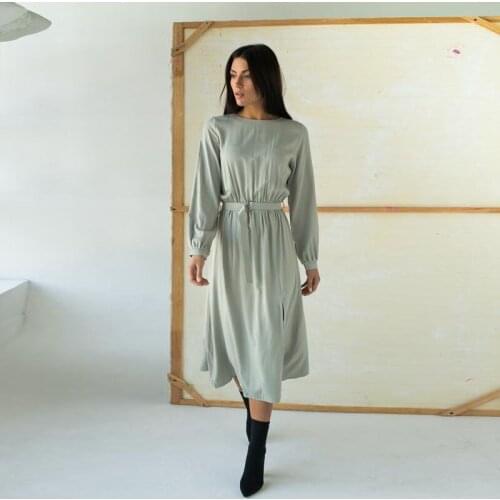 Women Vintage Solid All-Match A-line Dress O Neck Long Sleeve Sashes Drawn Back Front Split Dress 2021 Spring Women Party Dress