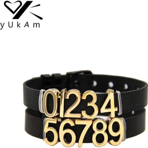 YUKAM Gold Sliders 10mm Chrome Digital Number 0-9 Slide Charms Keeper for Mesh Bracelets Wristbands Necklaces DIY Jewelry Making
