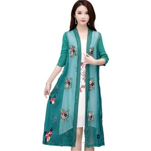 2021 Summer Ethnic Cardigan Womens Beach Holiday Long Thin Shawl Sunscreen Embroidered Jacket Large Size 4XL 5XL