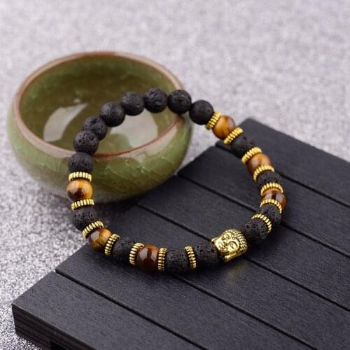 DOUVEI Ethnic Natural Lava&Tiger Eye Stone Men Bracelet Meditation Gold Buddha Copper Beads Bangles Yoga Jewelry Dropshipping