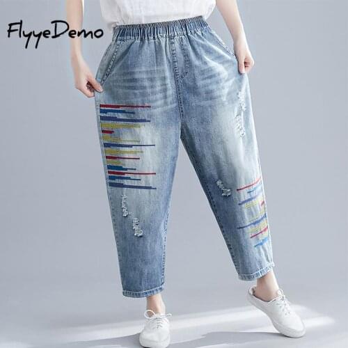 2021 Spring New Denim Trousers Women Elastic Waist Cotton Boyfriend Casual Jeans Embroidery Girl Female Student Pants Plus Size