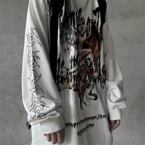Long-sleeved T-shirt men women spring new bottoming shirt dark flame retro printing student Korean style loose O-neck street