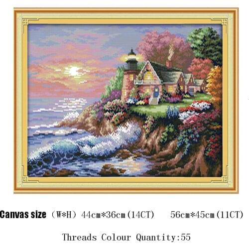 HUACAN Embroidery Seaside Lighthouse Cross Stitch Scenery Counted Set DIY DMC Needlework Home Decor 11CT 14CT