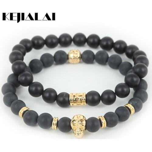 KEJIALAI 2pcs High Quality Beaded Skull Head Men Charm Bracelet Natural 8mm Matte Agater Round Stone Beads Bracelet CST527