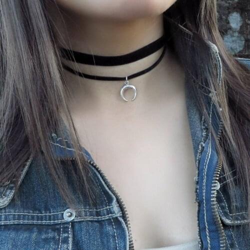 Crescent Moon Choker Necklace, Double Wrap Choker, Black Choker Necklace, Black Dainty Choker, Double layer Choker