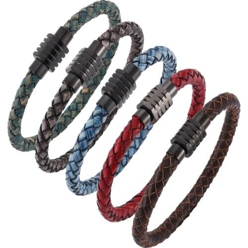 Fashion Bracelet Man Leather Bracelet Black Stainless Steel Magnetic buckle Neutral Accessories Hand-woven Jewelry Gifts PD0256