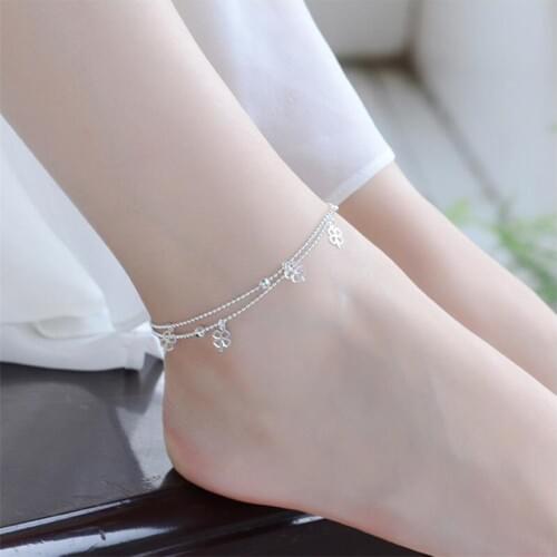 Trendy Silver 925 Girls Anklet Jewelry Female Fashion Clover Double Layer Bracelets For Women Princess Bracelet Silver 925 Women