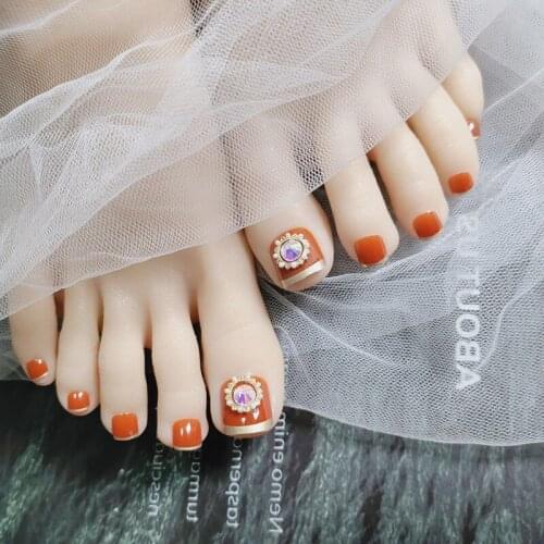 Fake Nails Sunflower Pumpkin Color Gold Diamond Toe Nail Stickers Finished Nail Stickers 24 Pcs With Glue Nails Accesorios