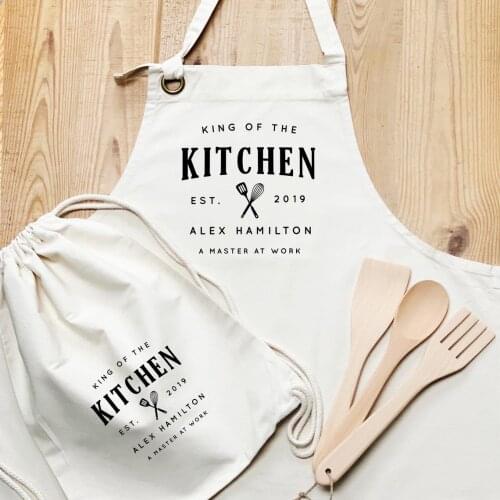 Customize Name Text Women Aprons Sets for Men | King or Queen of the Kitchen | Personalised Adults Apron Set, Chef Cook Set