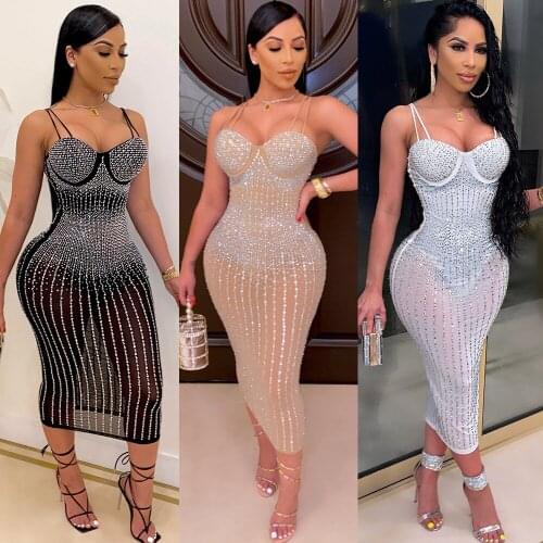 2021 Summer New Womens Clothing Sling Hot Drilling Perspective Slim Dress