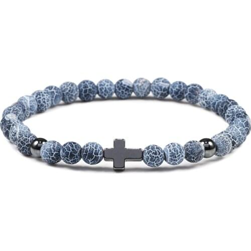 New Hot Trendy 6mm Black Light Beaded Bracelet Prayer Natural Cross Stone Charms Bracelets For Men Women Elasticity Accessories