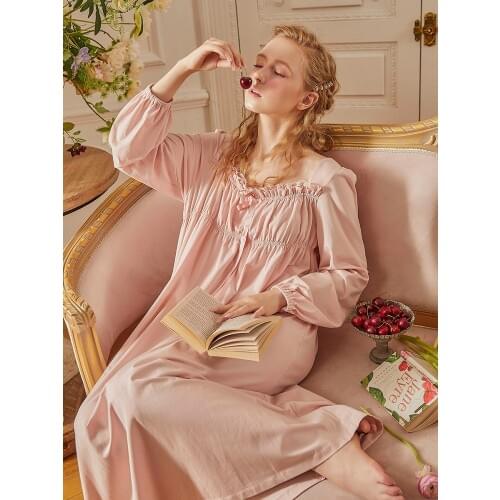Autumn Spring Vintage Cotton Womens Long Nightgowns Long Sleeve Elegant Female Princess Sleepwear Sexy Nighty Dress