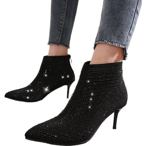 Fall Boots Classic Black Short Boots 6cm Heel Ankle Boots For Women Stiletto Boots Ladies Rhinestone Heels Women Shoes