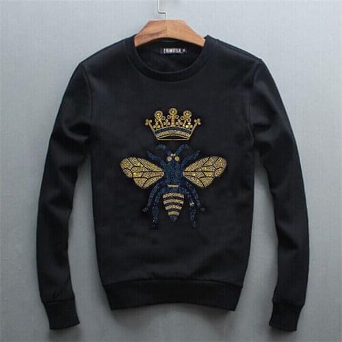 Casual Fashion Bee Rhinestone Hip Hop Round Neck Hooded Autumn And Winter Slim Joker Bodybuilding Sweatshirt Jacket