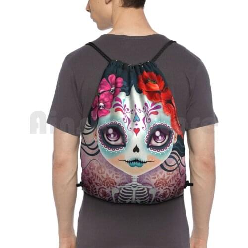 Amelia Calavera-Sugar Skull Backpack Drawstring Bag Riding Climbing Gym Bag Autumn November Bohemian Bones Calavera Day Of