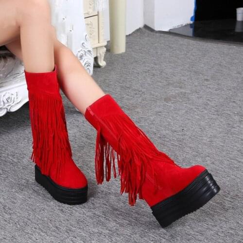 Nightclub Stovepipe Sexy High-top Tassel Boots Joker Winter New Thick-bottom Increase Brand Womens Boots