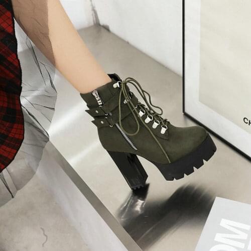 Sianie Tianie 2021 Winter New Olive Army Green Block High Heels Platform Womens Boots Oversize 33-48 Punk Martin Ankle Boots