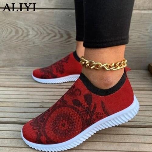 Womens Breathable Sneakers 2021 All Season Daily Knitted Fabric Floral Print Ladies Slip On Loafers 35-43 Large-Sized Flats