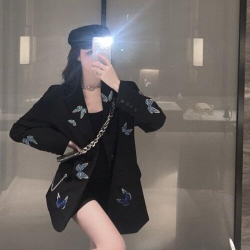 Butterfly Embroidery Suit Coat Womens Spring Autumn New Vintage Loose Oversize Short Jacket Long Sleeve Korean Blazer Feminino