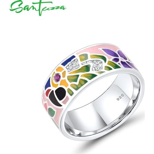 SANTUZZA Pure 925 Sterling Silver Rings For Women White CZ Lab Created Ruby Colorful Parrot Flower Enamel Fine Jewelry Handmade