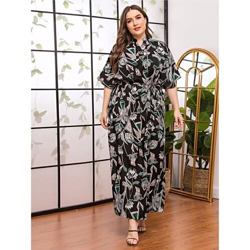 Women Casual Print Long Maxi Dress Vintage Abaya Dubai Kaftan Turkey Caftan Loose Robe Arabic Muslim Short Sleeve Islam Clothing