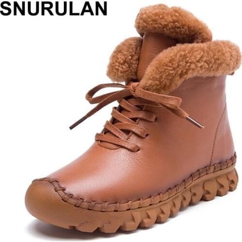 SNURULAN Winter Female Plus Velvet Genuine Leather Shoes Snow Platform Boots Women Thermal Cotton-padded Shoes Flat Ankle Boots