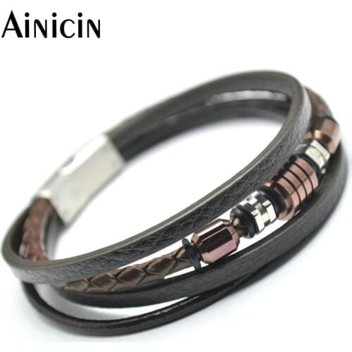 1pc New Arrival Genuine Leather Multi-layers Fashion Men Magnet Claps Bracelets Coffee Vacuum Plating Stainless Steel Charms
