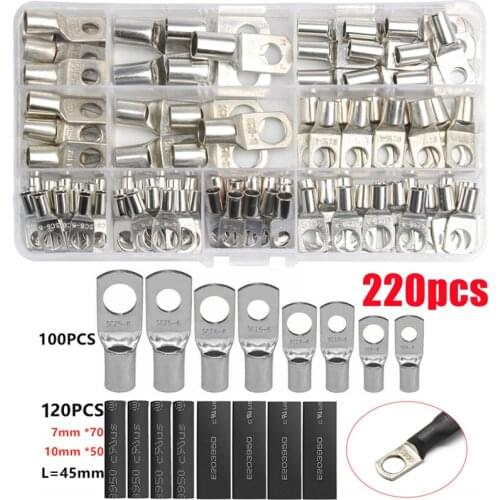 140/220pcs SC Bare Tinned Copper Ring Terminal Lugs Electrical Cable Terminals Battery Nose Solder Crimp Wire Connector Tube Kit
