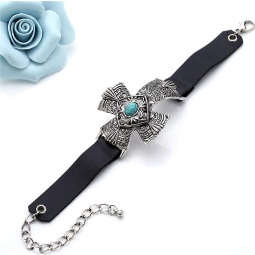 2018 fashion arrival designed cross bracelet cuff bangles turq beads leather bracelet Jewelry products punk high quality