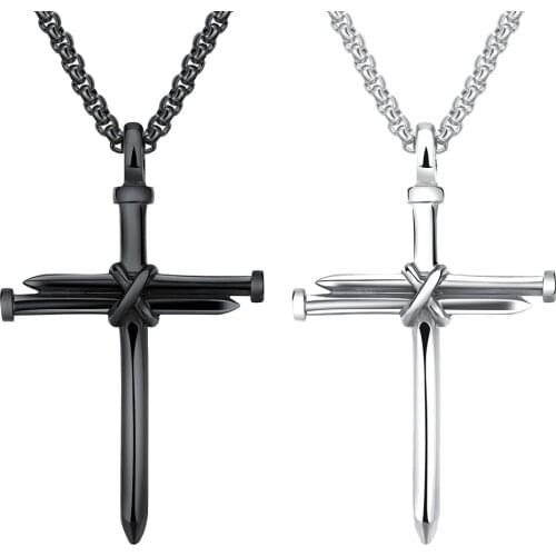 2020 New Fashion Cross Necklace Men Punk Nail Styling Pendant Black Silver Color Chain Creative Necklace Gifts