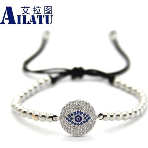 Ailatu Hot Sale Jewelry New Braided Macrame Bracelets 4mm No Fade Brass Round Blue Color Eye Cubic Zirconia Beads