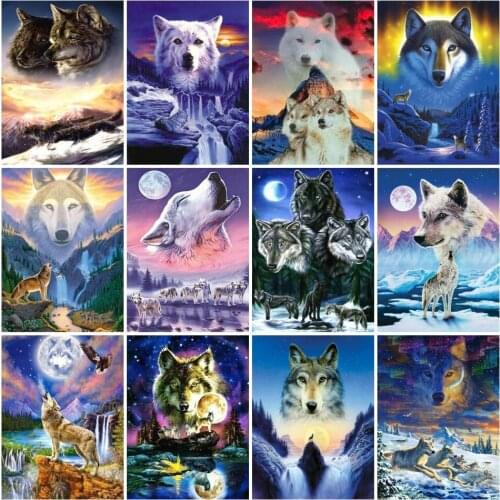 AZQSD Diamond Painting 5D Wolf Animals Cross Stitch Diamond Embroidery Mountain Landscape Picture Of Rhinestones Decors