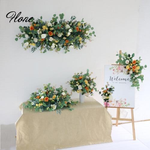 Flone Artificial Flowers Arrangement Wedding Centerpiece Table Runners Welcome Sign Orange Backdrop Floral Stage Decoration