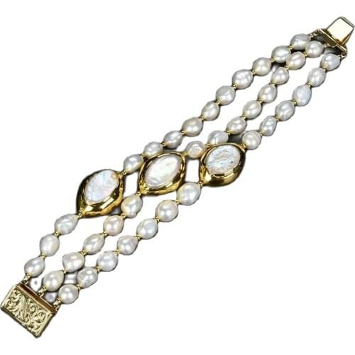 GG Jewelry 8'' 3 Rows Cultured White Baroque Pearl White Keshi Pearl Bracelet